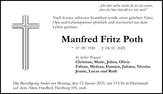 Traueranzeige von Manfred Fritz Poth von Darmstädter Echo