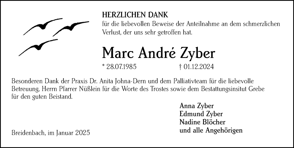  Traueranzeige für Marc Andre Zyber vom 11.01.2025 aus Hinterländer Anzeiger
