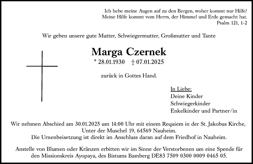  Traueranzeige für Marga Czernek vom 18.01.2025 aus Rüsselsheimer Echo