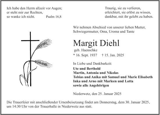 Traueranzeige von Margit Diehl von Wetzlarer Neue Zeitung