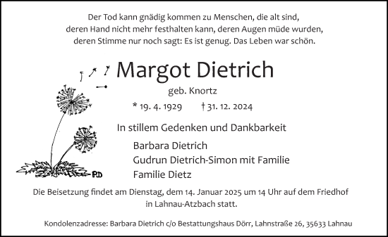 Traueranzeige von Margot Dietrich von Wetzlarer Neue Zeitung