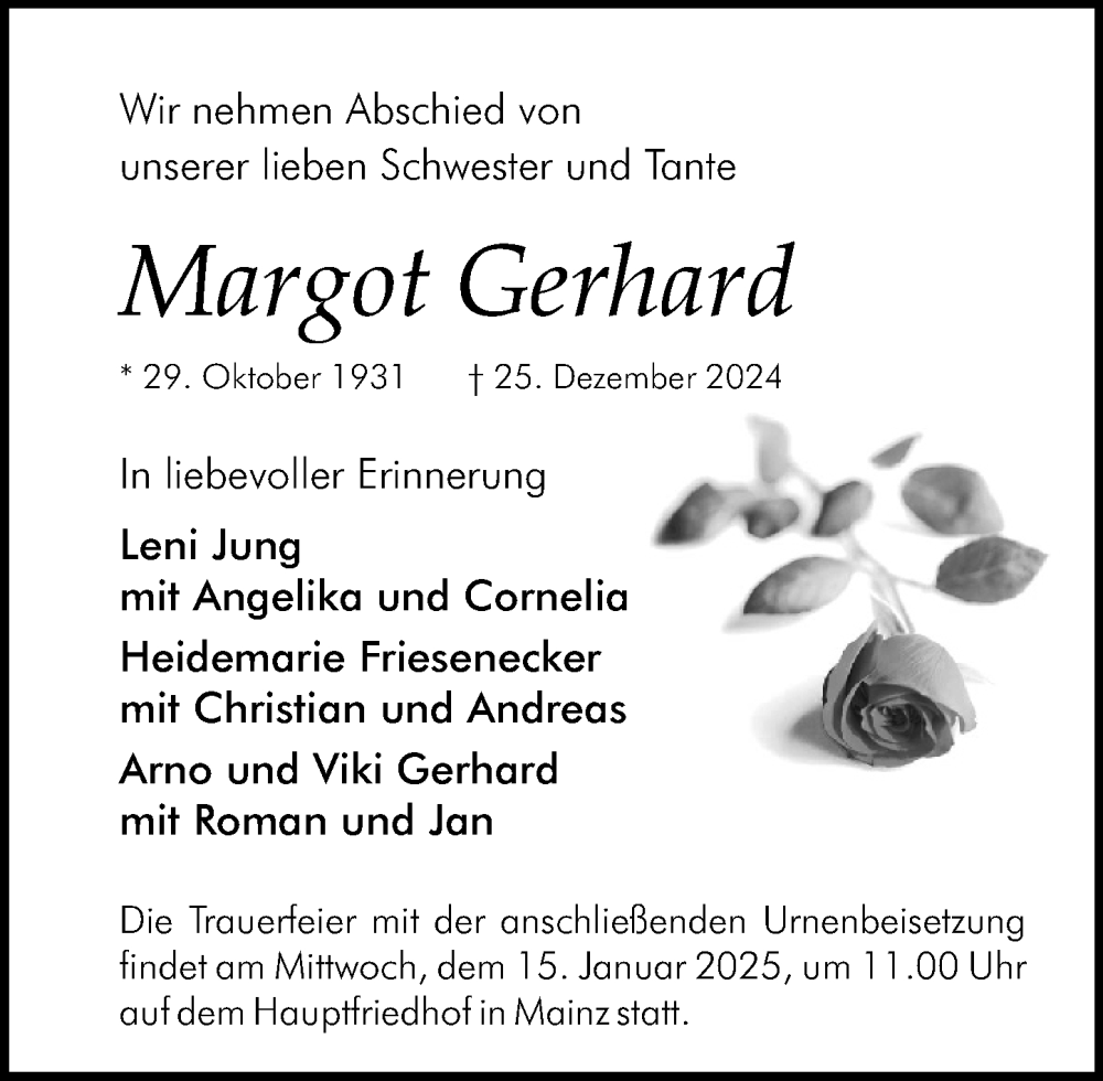  Traueranzeige für Margot Gerhard vom 11.01.2025 aus Allgemeine Zeitung Mainz