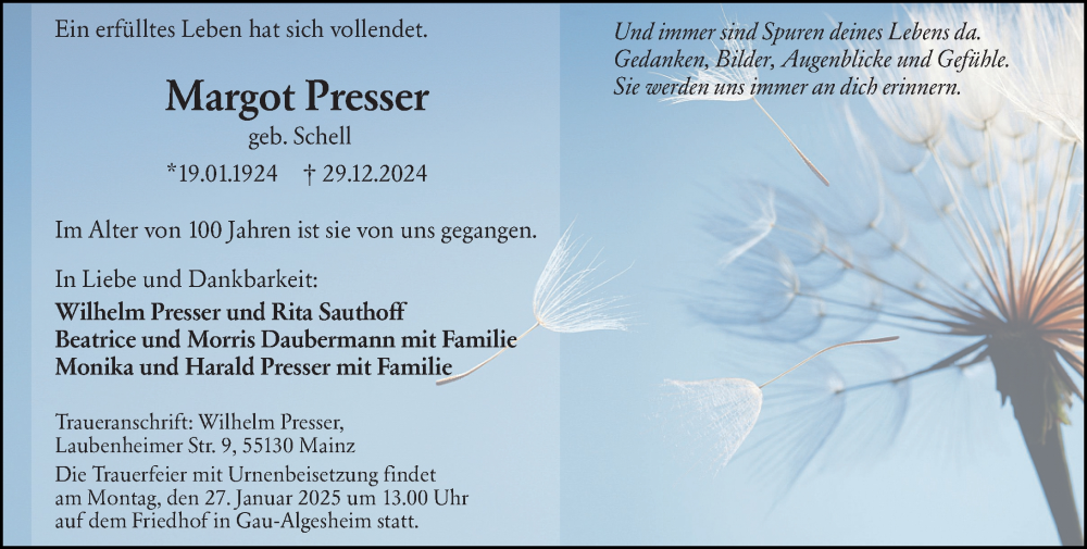  Traueranzeige für Margot Presser vom 18.01.2025 aus Allgemeine Zeitung Mainz