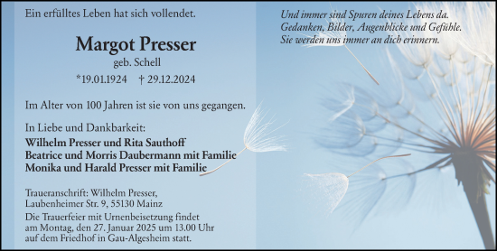 Traueranzeige von Margot Presser von Allgemeine Zeitung Mainz