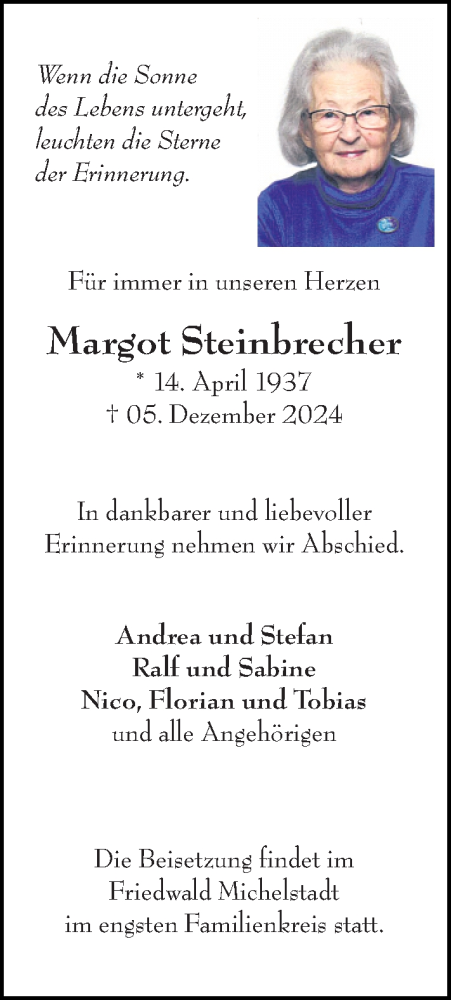 Traueranzeige von Margot Steinbrecher von Darmstädter Echo