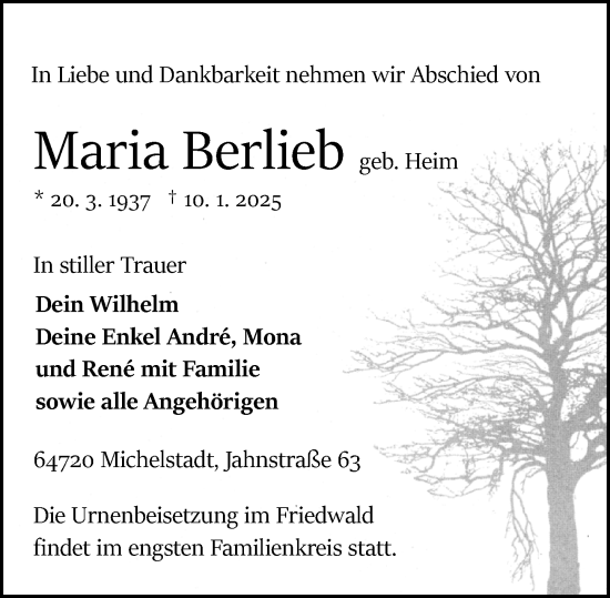 Traueranzeige von Maria Berlieb von Odenwälder Echo