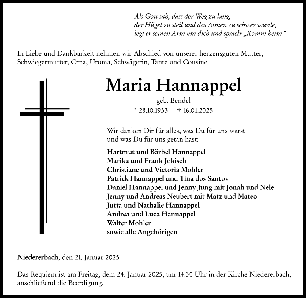  Traueranzeige für Maria Hannappel vom 21.01.2025 aus Nassauische Neue Presse
