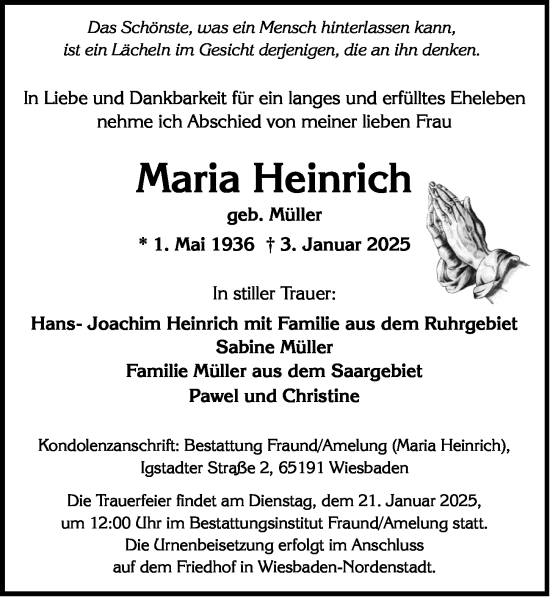 Traueranzeige von Maria Heinrich von Wiesbadener Kurier