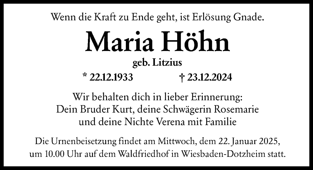  Traueranzeige für Maria Höhn vom 18.01.2025 aus Wiesbadener Kurier
