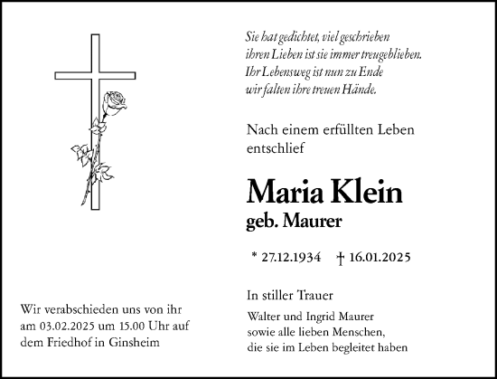 Traueranzeige von Maria Klein von Rüsselsheimer Echo