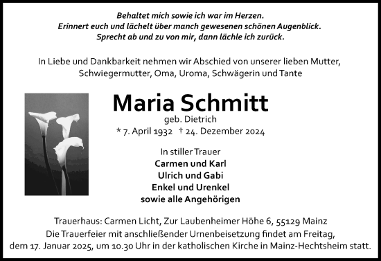 Traueranzeige von Maria Schmitt von Allgemeine Zeitung Mainz