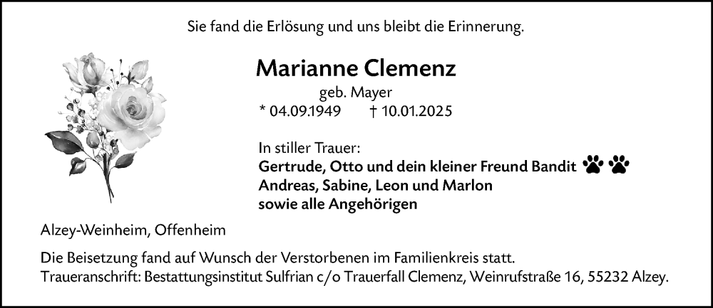  Traueranzeige für Marianne Clemenz vom 25.01.2025 aus Allgemeine Zeitung Alzey