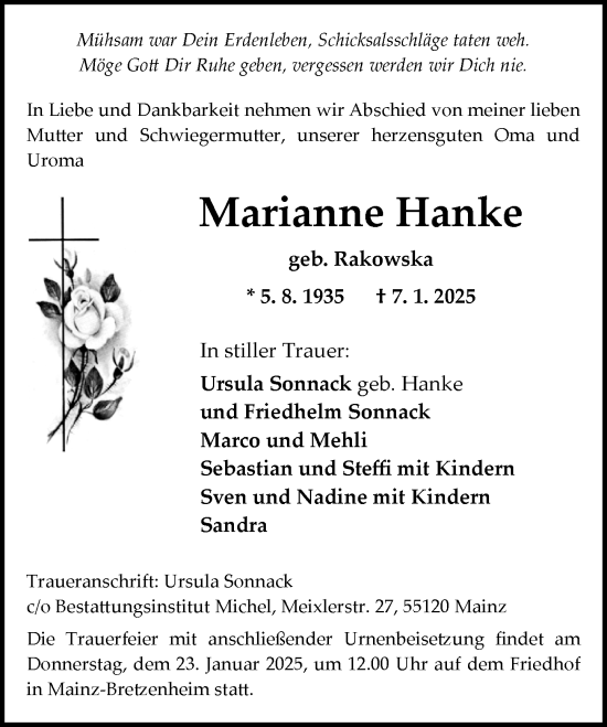 Traueranzeige von Marianne Hanke von Allgemeine Zeitung Mainz