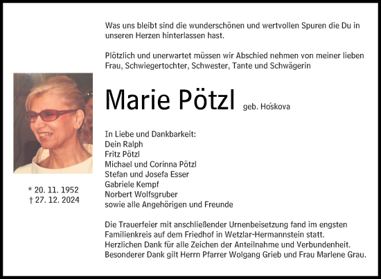 Traueranzeige von Marie Pötzl von Wetzlarer Neue Zeitung