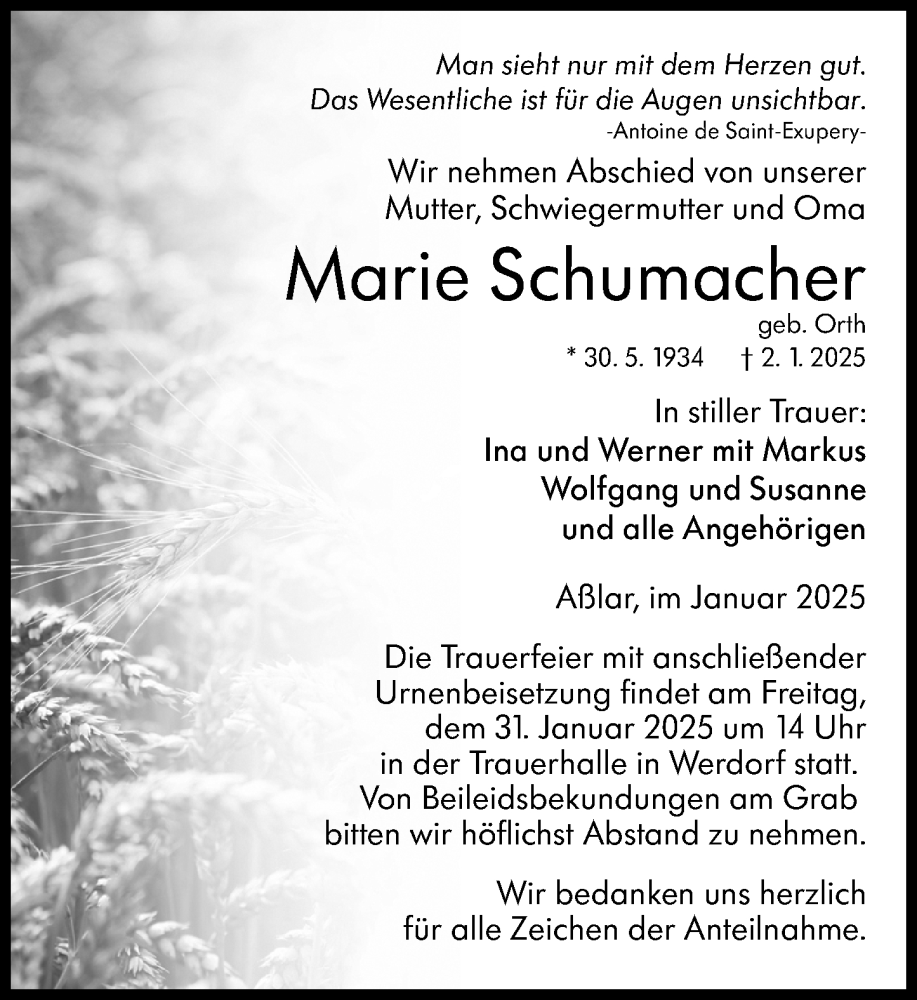  Traueranzeige für Marie Schumacher vom 18.01.2025 aus Wetzlarer Neue Zeitung