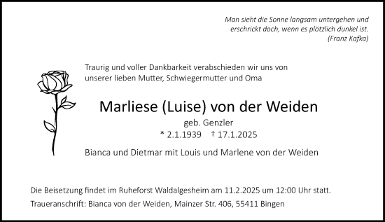 Traueranzeige von Marliese von der Weiden von Allgemeine Zeitung Rheinhessen-Nahe