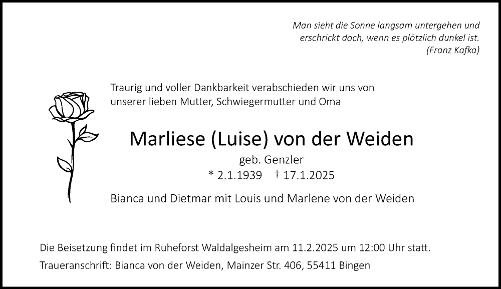  Traueranzeige für Marliese von der Weiden vom 25.01.2025 aus Allgemeine Zeitung Rheinhessen-Nahe