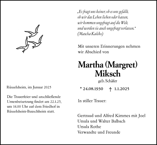 Traueranzeige von Martha Miksch von Rüsselsheimer Echo