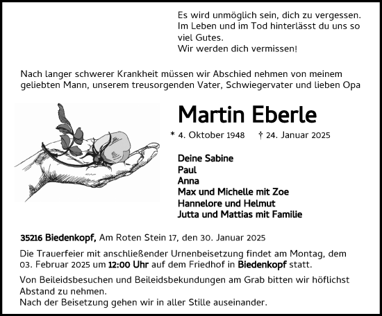 Traueranzeige von Martin Eberle von Hinterländer Anzeiger