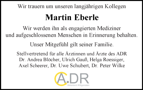 Traueranzeige von Martin Eberle von Hinterländer Anzeiger