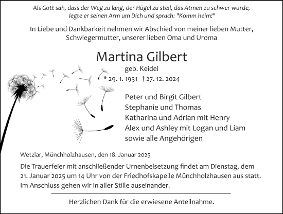Traueranzeige von Martina Gilbert von Wetzlarer Neue Zeitung