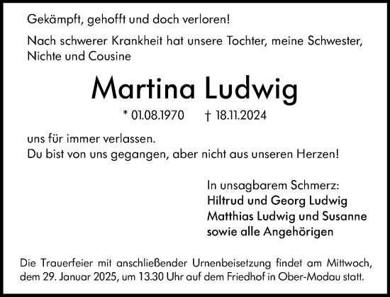 Traueranzeige von Martina Ludwig von Darmstädter Echo