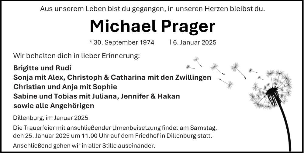  Traueranzeige für Michael Prager vom 15.01.2025 aus Dill Block