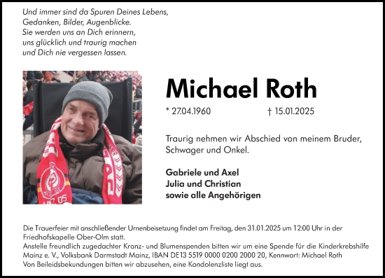 Traueranzeige von Michael Roth von Allgemeine Zeitung Mainz