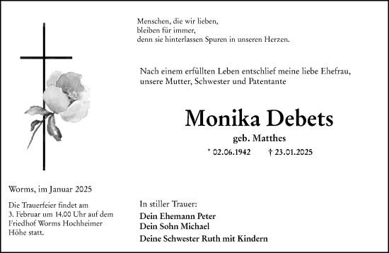 Traueranzeige von Monika Debets von Wormser Zeitung