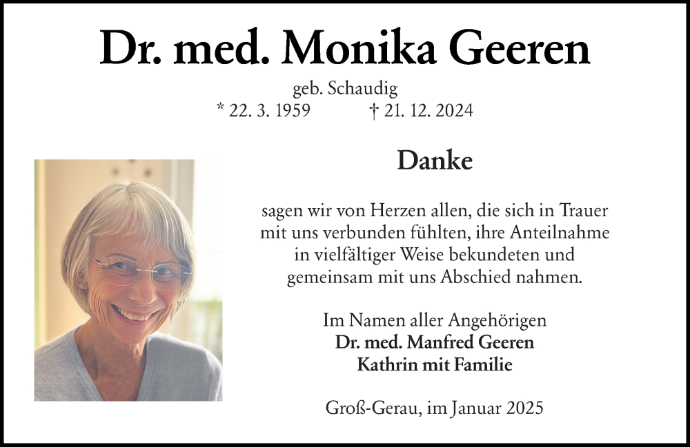  Traueranzeige für Monika Geeren vom 11.01.2025 aus Groß-Gerauer Echo