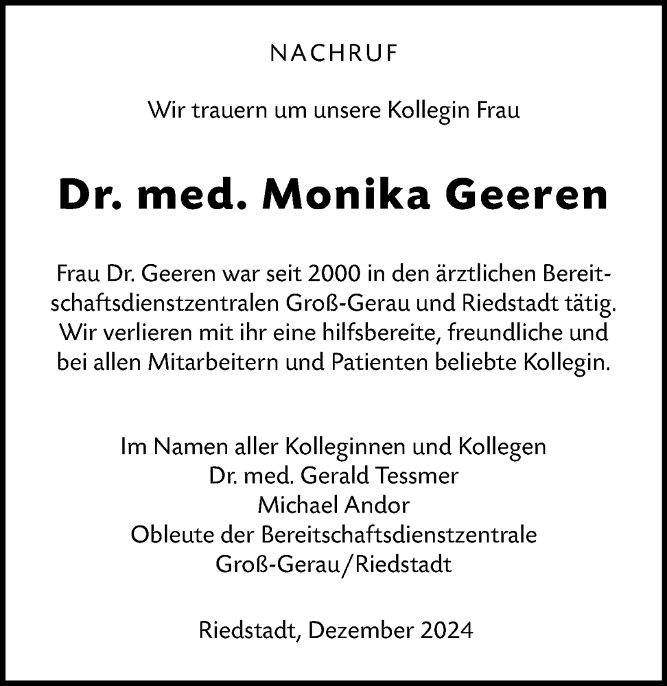  Traueranzeige für Monika Geeren vom 02.01.2025 aus Groß-Gerauer Echo