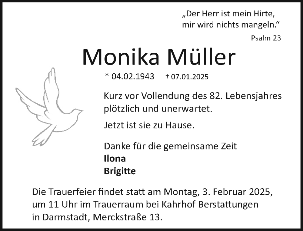  Traueranzeige für Monika Müller vom 25.01.2025 aus Darmstädter Echo