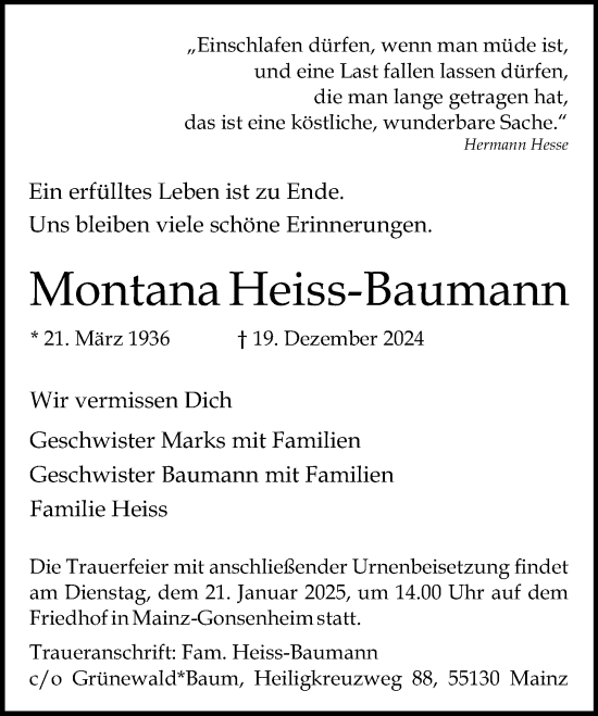Traueranzeige von Montana Heiss-Baumann von Allgemeine Zeitung Mainz