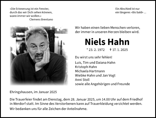 Traueranzeige von Niels Hahn von Wetzlarer Neue Zeitung