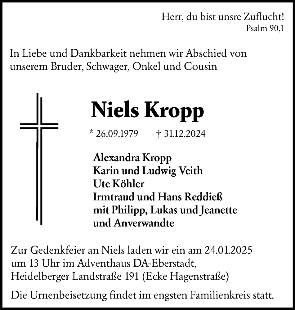  Traueranzeige für Niels Kropp vom 11.01.2025 aus Darmstädter Echo
