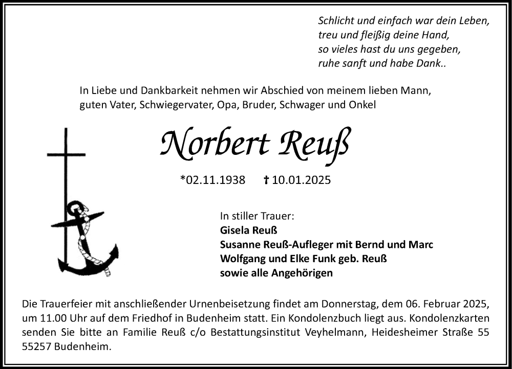  Traueranzeige für Norbert Reuß vom 25.01.2025 aus Allgemeine Zeitung Mainz