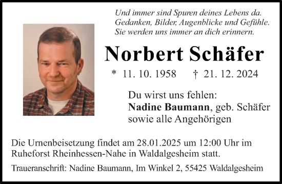 Traueranzeige von Norbert Schäfer von Binger-/Ingelheimer Wochenblatt