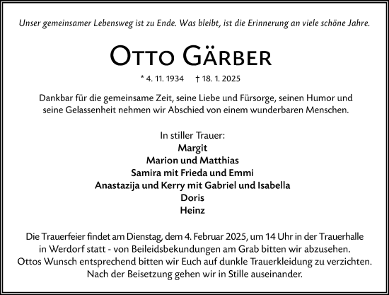 Traueranzeige von Otto Gärber von Wetzlarer Neue Zeitung