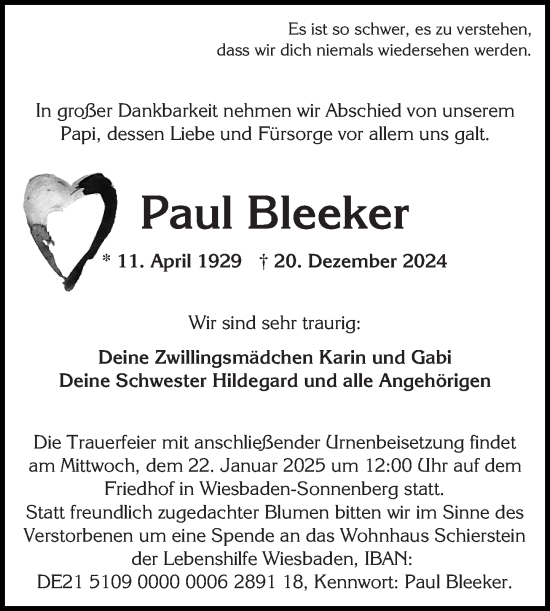 Traueranzeige von Paul Bleeker von Wiesbadener Kurier