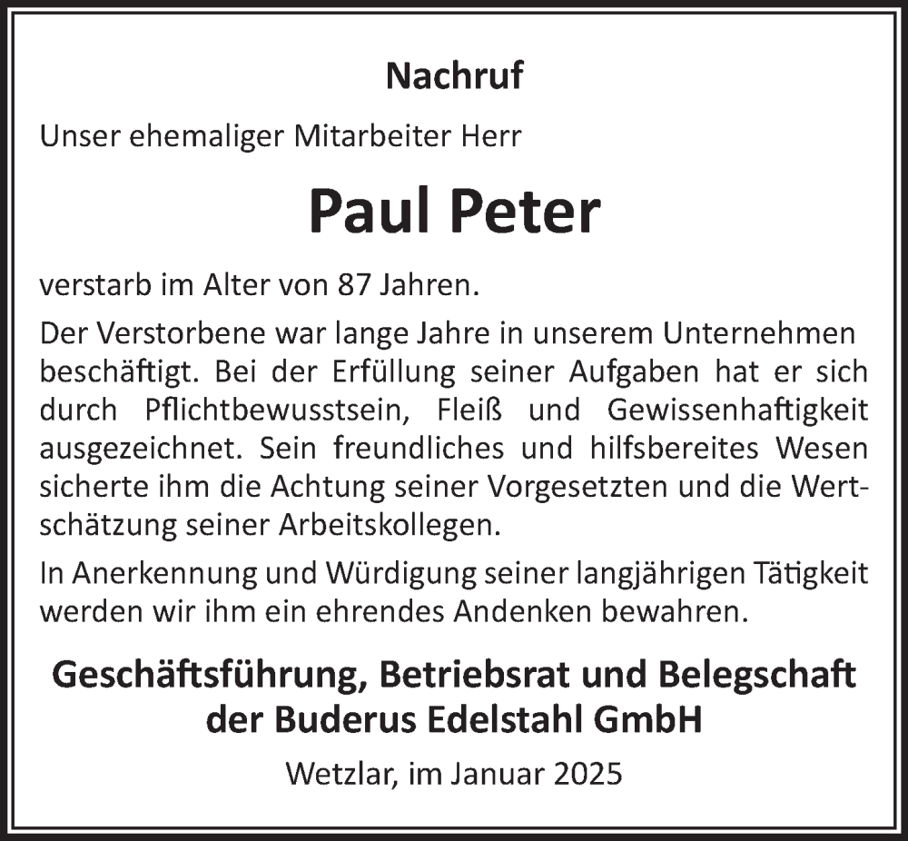  Traueranzeige für Paul Peter vom 23.01.2025 aus Wetzlarer Neue Zeitung