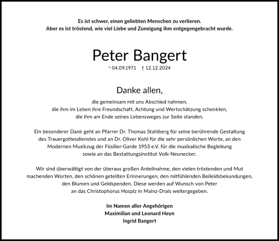 Traueranzeige von Peter Bangert von Allgemeine Zeitung Mainz