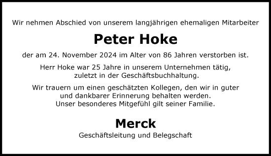 Traueranzeige von Peter Hoke von Darmstädter Echo