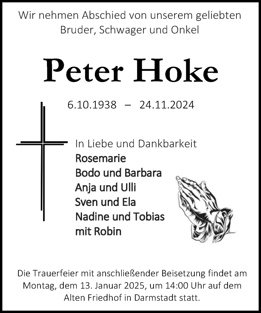  Traueranzeige für Peter Hoke vom 04.01.2025 aus Darmstädter Echo