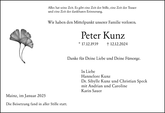 Traueranzeige von Peter Kunz von Allgemeine Zeitung Mainz