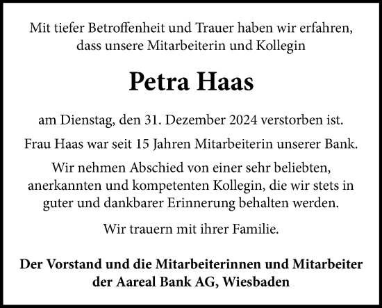 Traueranzeige von Petra Haas von Wiesbadener Kurier