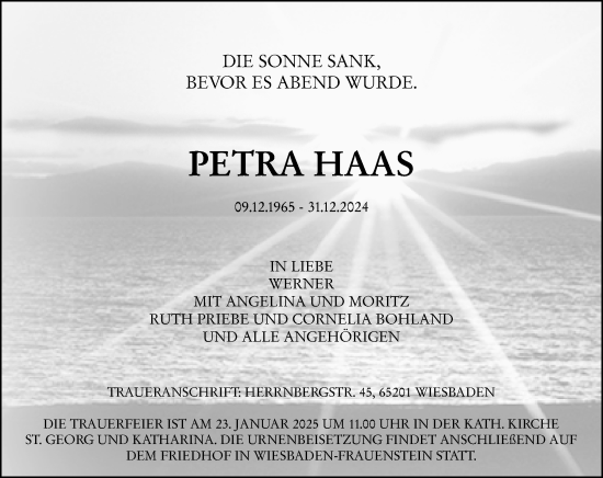Traueranzeige von Petra Haas von Wiesbadener Kurier