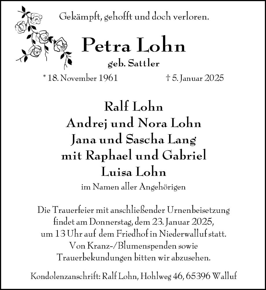  Traueranzeige für Petra Lohn vom 18.01.2025 aus Rheingau Kurier