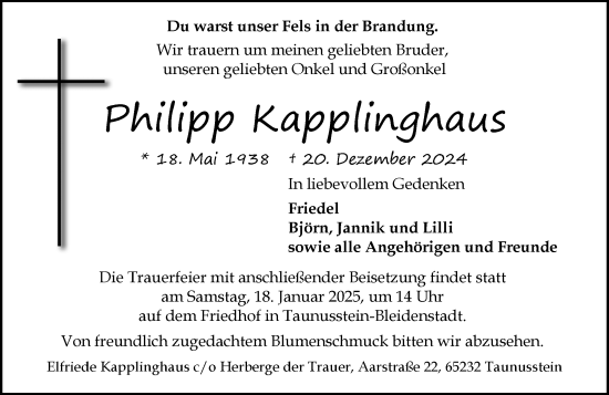 Traueranzeige von Philipp Kapplinghaus von Wiesbadener Kurier