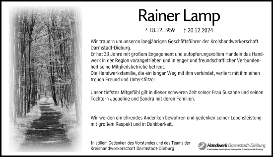 Traueranzeige von Rainer Lamp von Dieburger Anzeiger/Groß-Zimmerner Lokal-Anzeiger