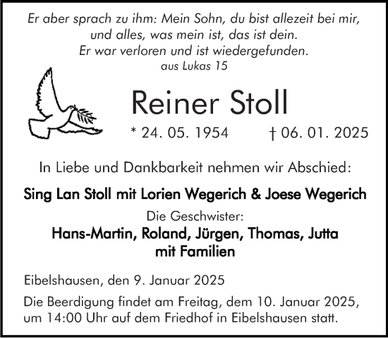 Traueranzeige von Reiner Stoll von Dill Block